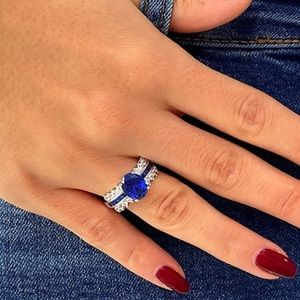 Blue & Silvertone Oval Ring w/ Swarovski Crystals